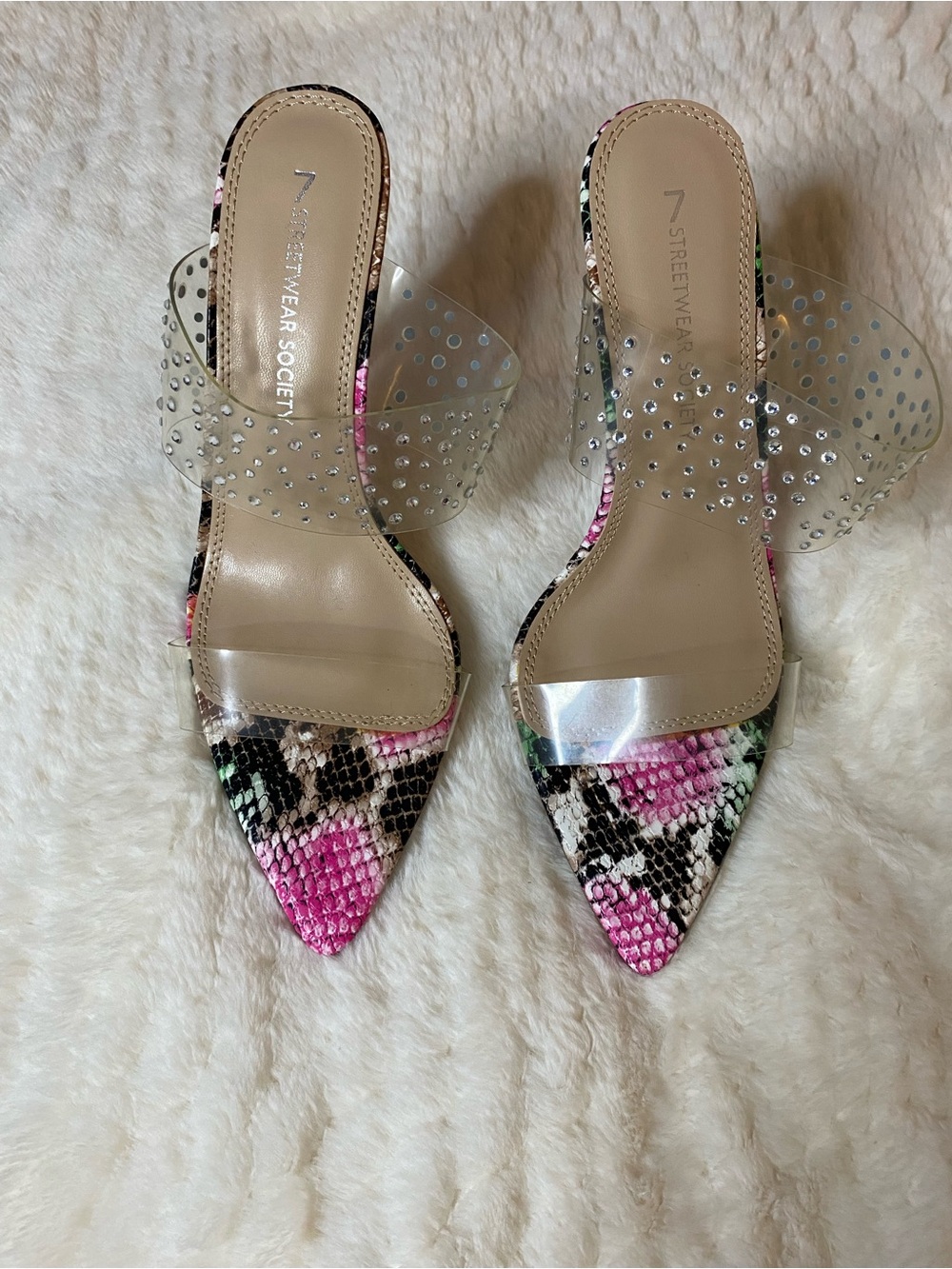 Streetwear Society Pink Multicolor Snakeskin Clear Strap Heels